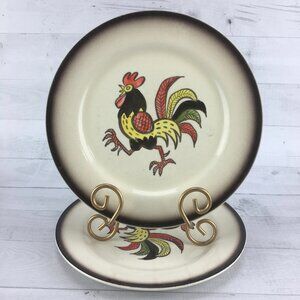 MCM Metlox Poppytrail Vernon RED ROOSTER Brown Band USA 10" Dinner Plates Set 2